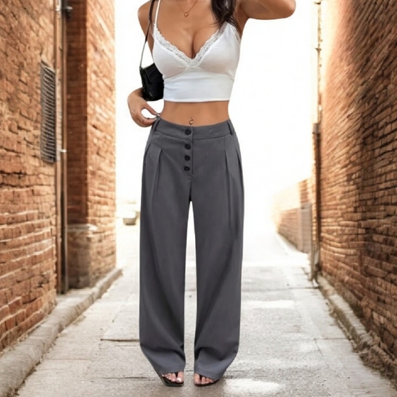 Pants - Women's Solid Color High Rise Button Front Pleated Wide Leg Loose Pants Grey M